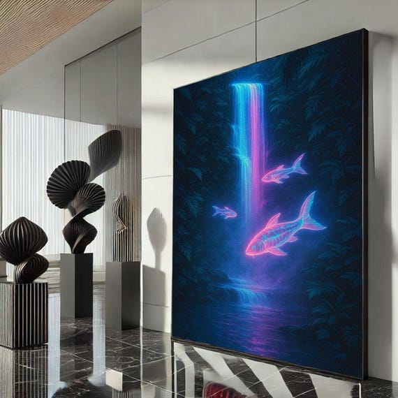 Neon Waterfall Canvas Wall Art Print Vibrant Modern Living Room Decor Statement Piece For Lovers