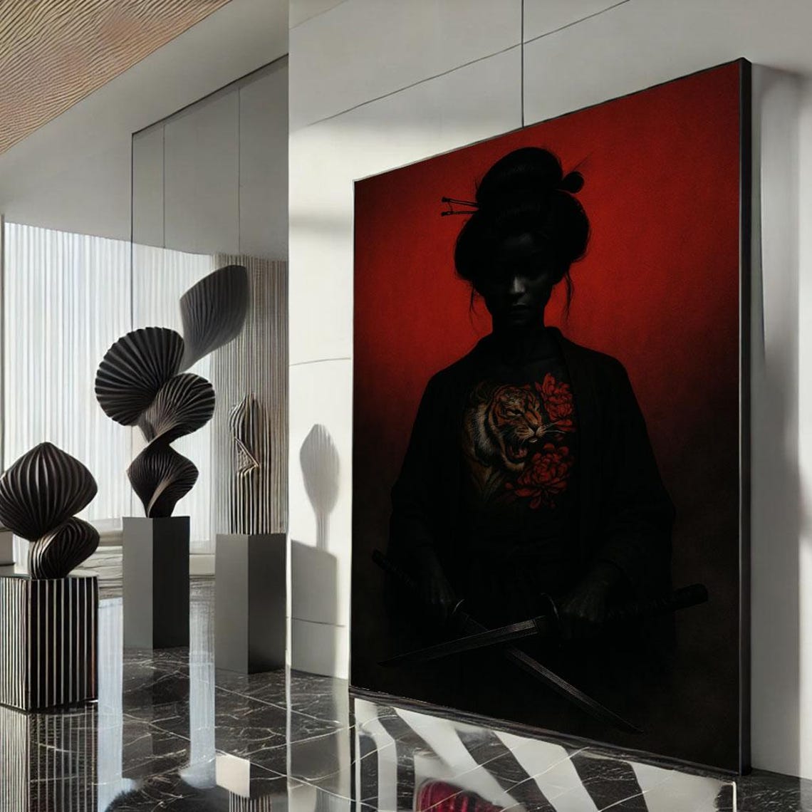 Dark Silhouette Warrior Tiger Chest Tattoo Twin Katana Red Poster