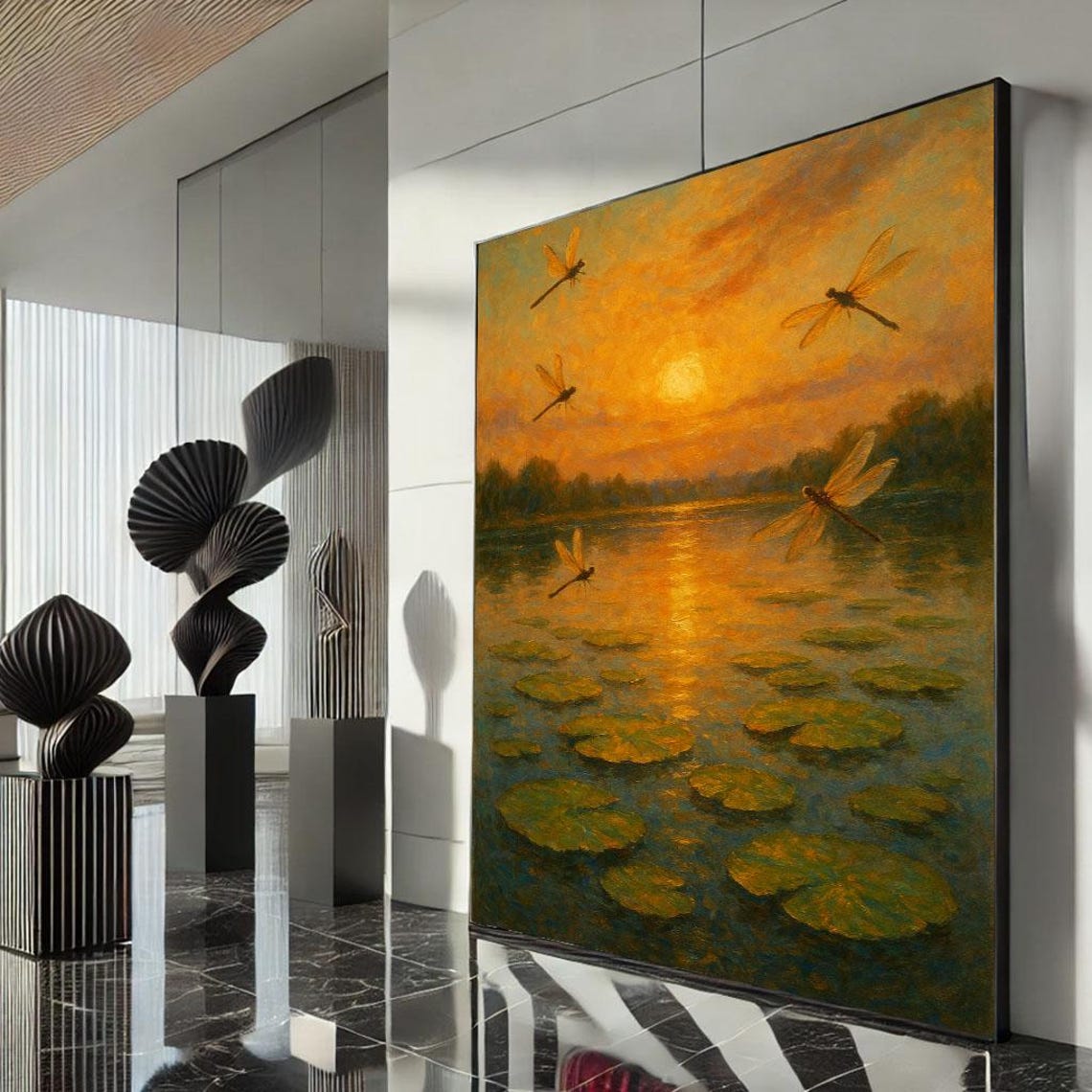 Golden Dragonflies Dancing Over Lily Pads in a Sunset Pond Poster