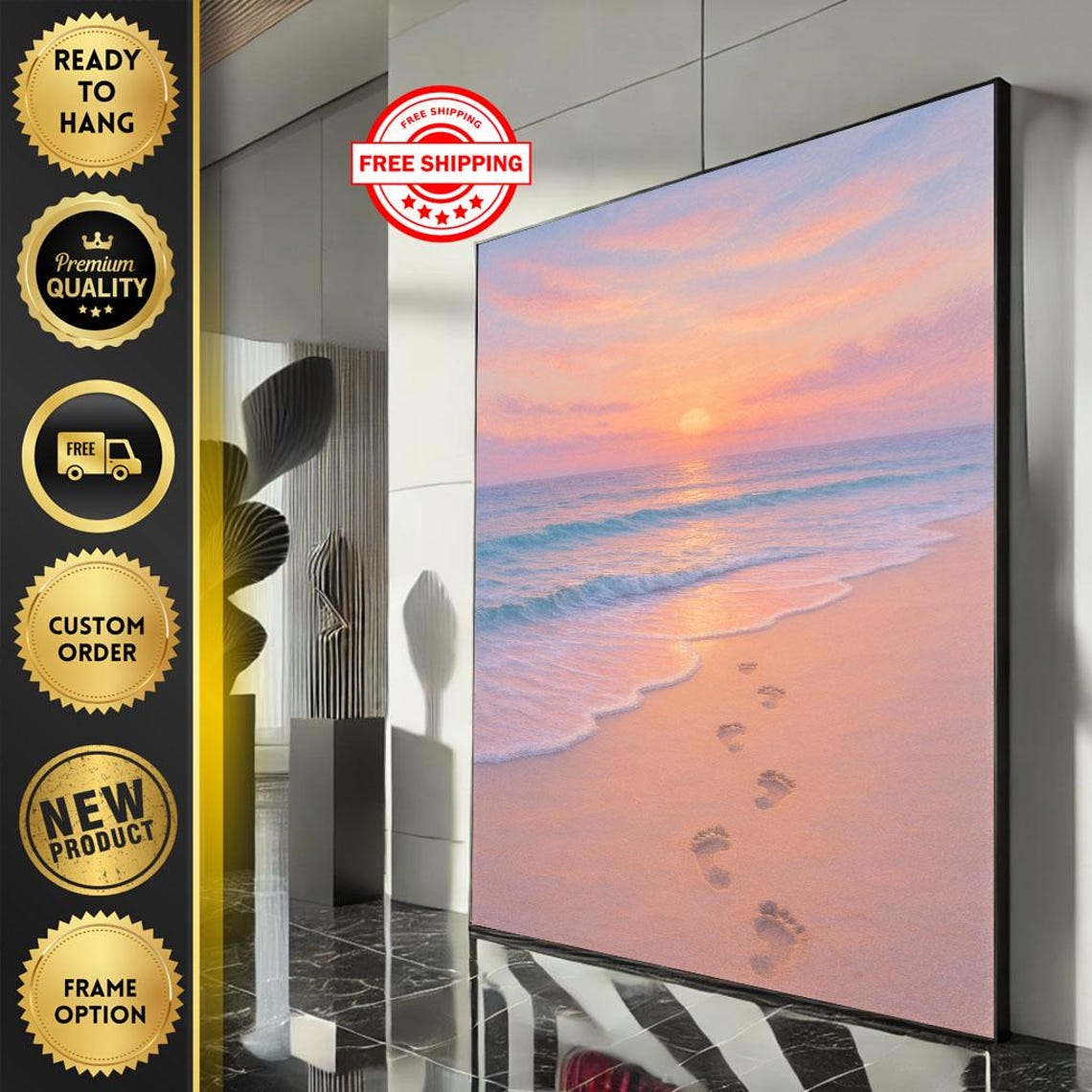 Serene Pastel Sunset Beach with Footprints Ocean Waves Art Print