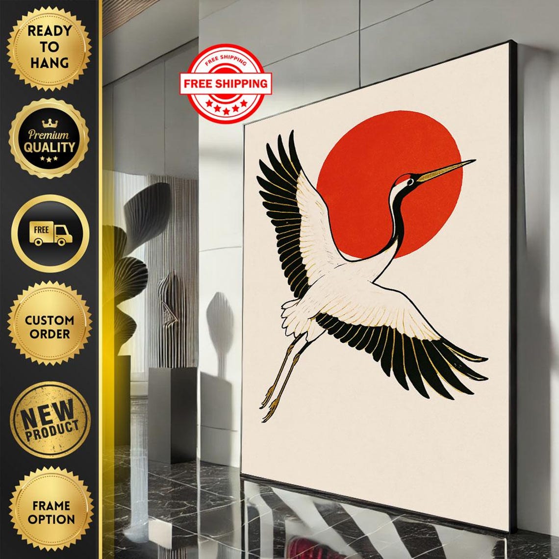 Japanese Crane Rising Sun Minimalist Oriental Wildlife Art Poster