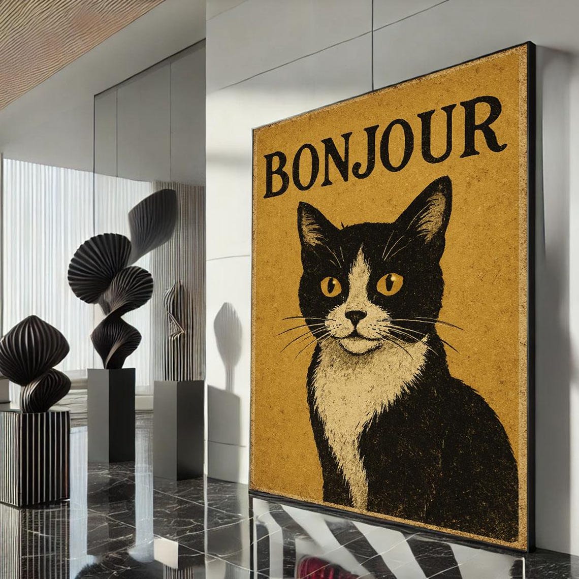 Charming Vintage Bonjour Black Cat Retro French Kitty Cat Poster