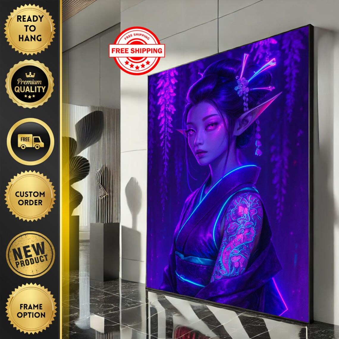 Neon Purple Elf Geisha With Glowing Tattoo Fantasy Art Poster