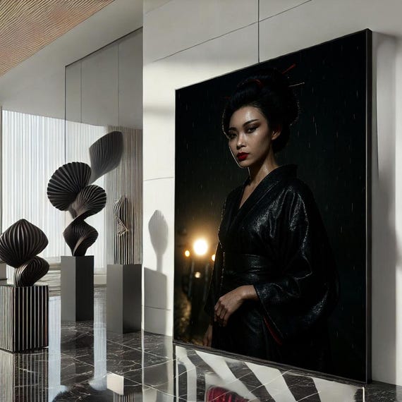Elegant Asian Woman In Black Kimono Canvas Wall Art Print Minimalist Bedroom Decor Statement Piece