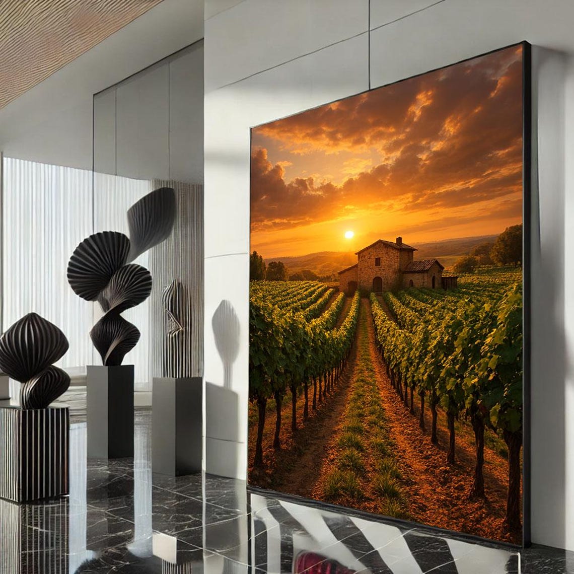 Sunset Over Vineyard Rows and Stone Farmhouse Golden Hour Poster