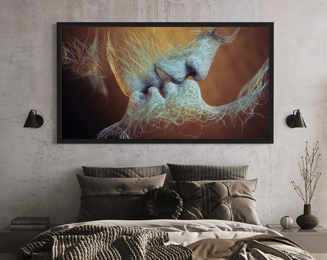 Ethereal Wire Art Kissing Lovers Romantic Couple Gold Poster