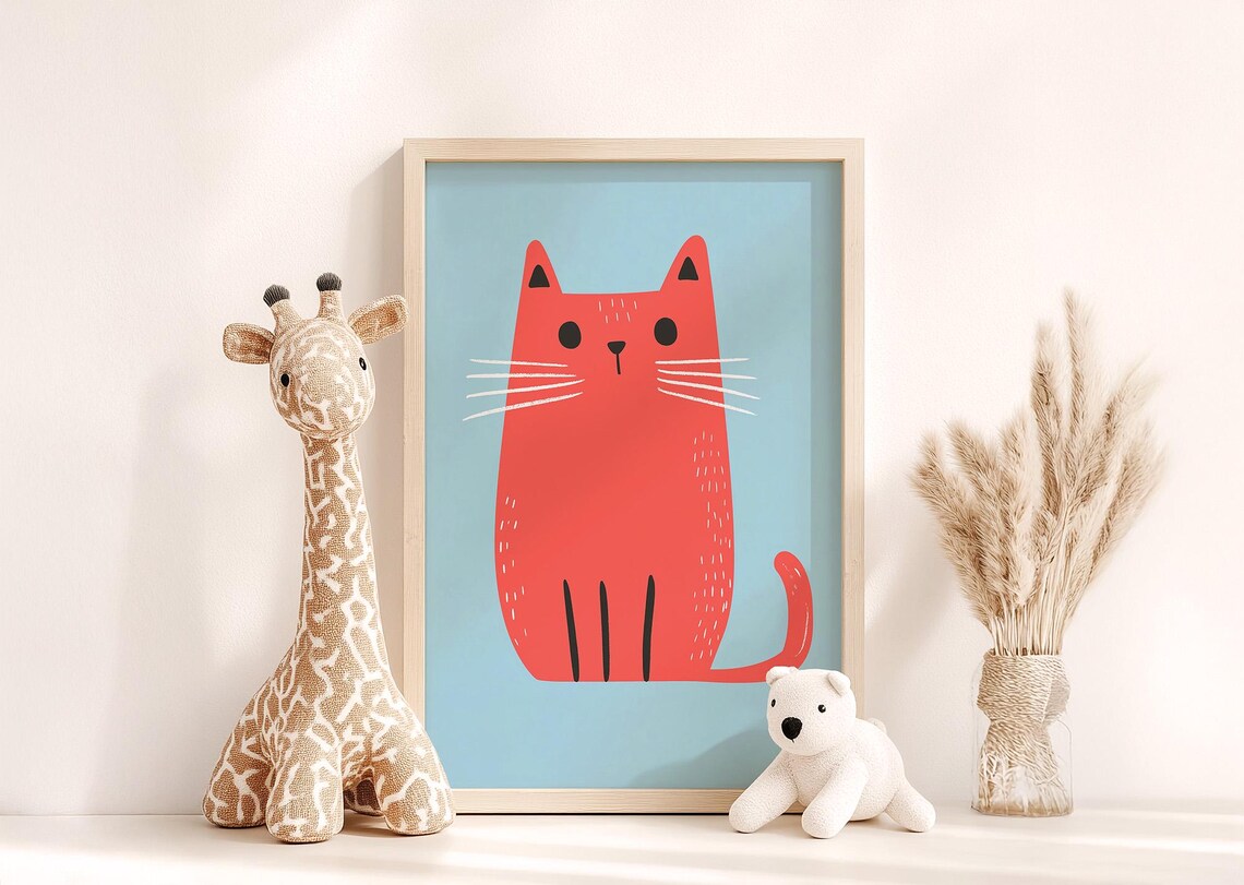 Cute Red Cat Nursery Illustration Blue Background Kids Room Poster