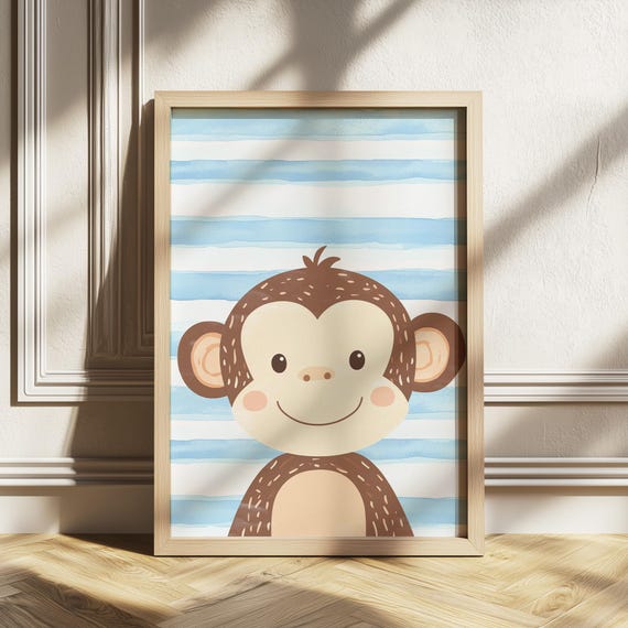 Cute Monkey Nursery Wall Art Boys Room Decor Animal Print Playroom Portrait Toddler Poster Stripe Background