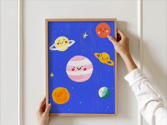 Cute Smiling Solar System Planets Kids Nursery Space Decor Poster
