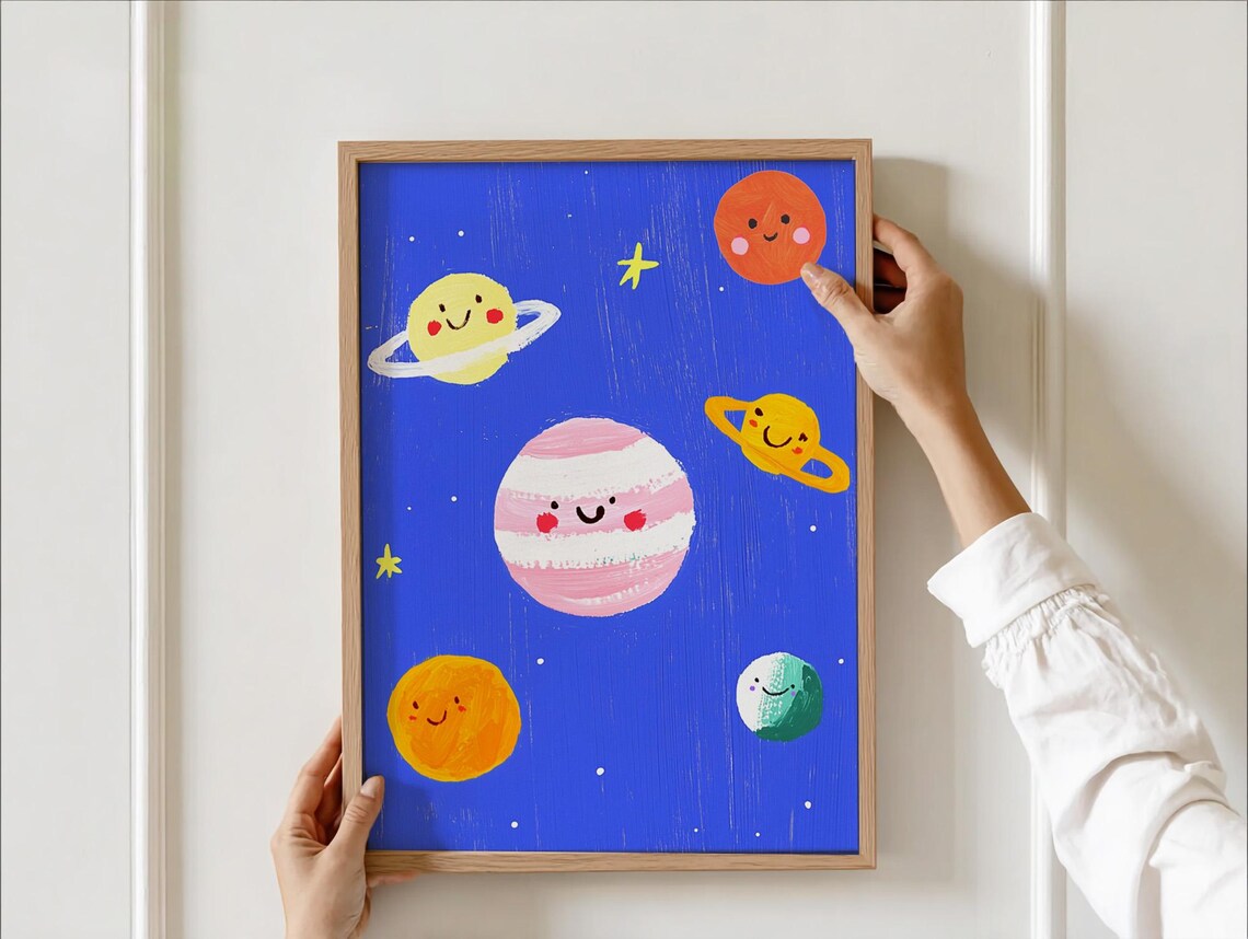 Colorful Space Planets Nursery Poster For Little Astronomers Smiling Solar System Print Kids Room Outer Classroom Wall Art