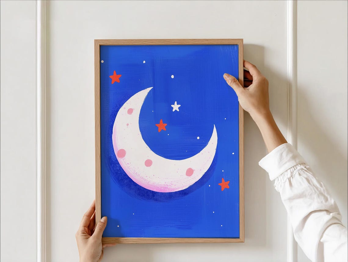 Crescent Moon And Stars Celestial Nursery Baby Room Decor Poster