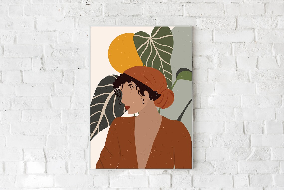 Bohemian Woman Portrait Tropical Leaves Modern Feminine Art Poster