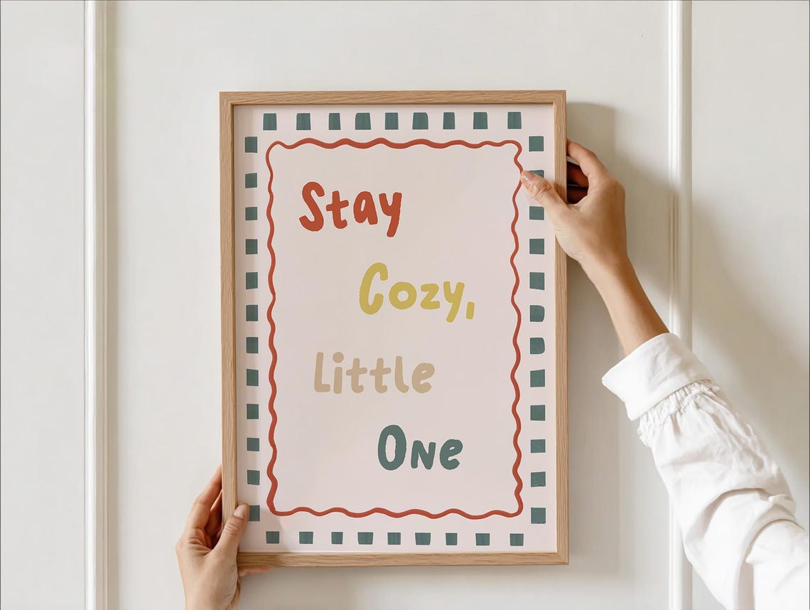 Stay Cozy Little One Whimsical Checkered Nursery Quote Wall Art