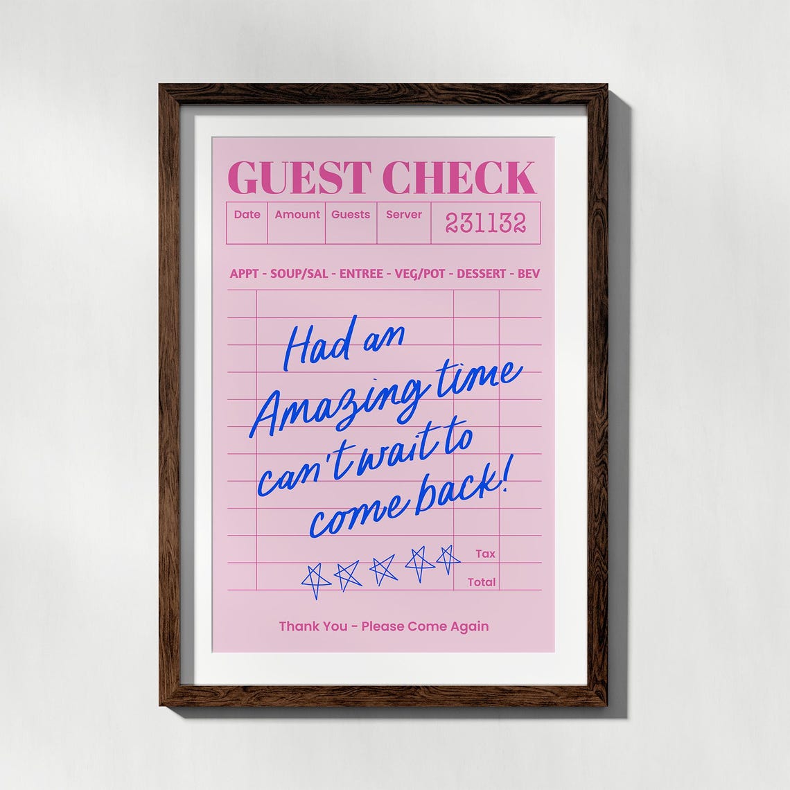 Had An Amazing Time Pink Guest Check Restaurant Quote Poster