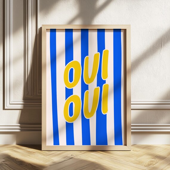Oui Wall Art Bold French Pop Poster Blue Stripe Typography Print Fun Kitchen Or Apartment Decor