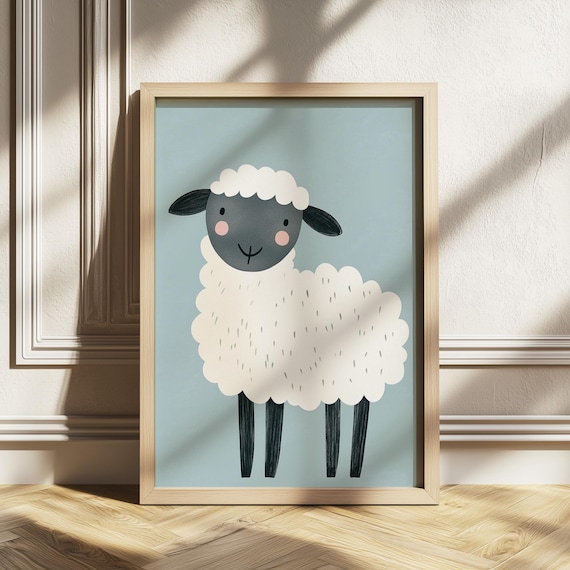 Fluffy White Sheep on Soft Blue Minimalist Nursery Animal Poster