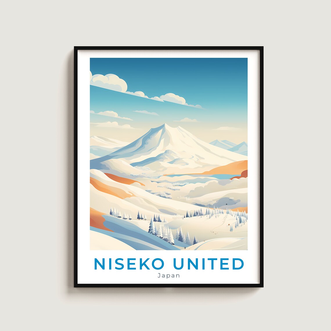 Niseko United Japan Snowy Volcanic Peak Orange Ridges Travel Poster