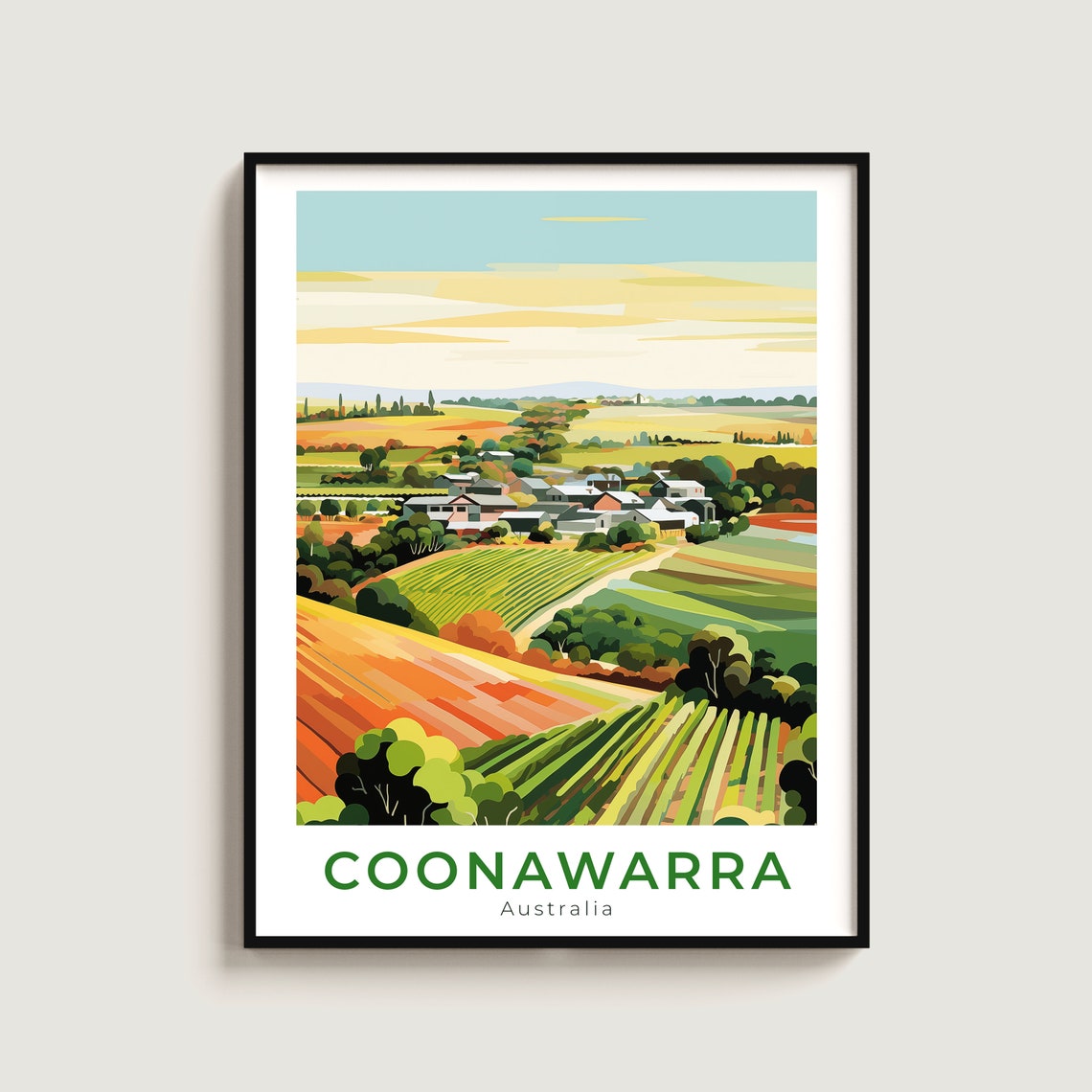 Coonawarra Australia Travel Poster Vineyard Fields Golden Sunset