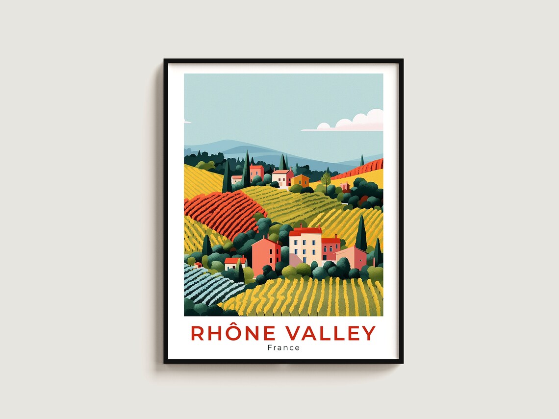 Rhone Valley France Charming Village Vineyards Retro Travel Poster