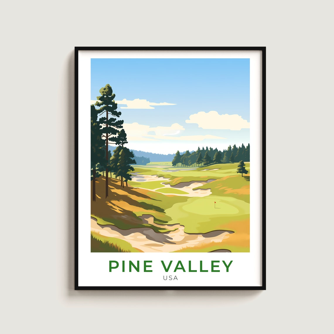 Pine Valley Golf Course Pine Forest Bunkers Red Flag Art Poster