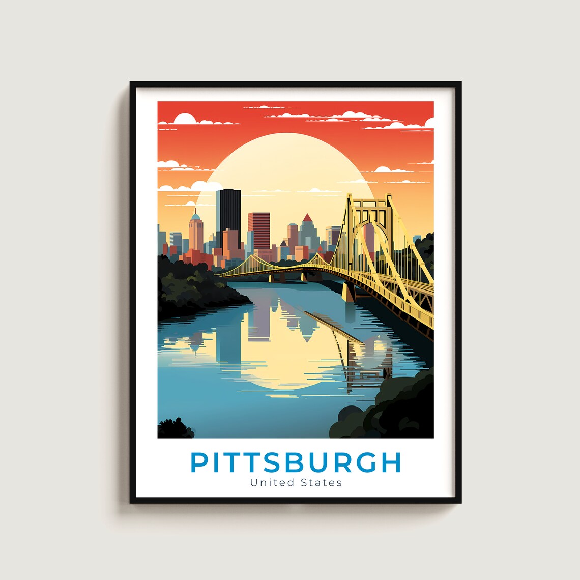 Pittsburgh Pennsylvania Golden Bridge Sunrise River City Travel Poster