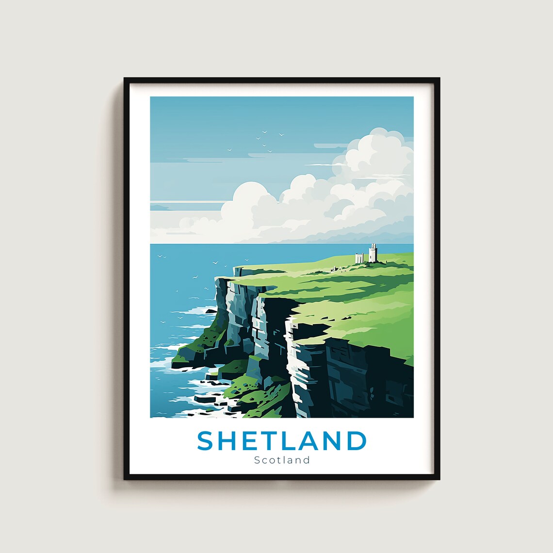 Shetland Scotland Sea Cliffs Lighthouse Coastline Travel Art Poster