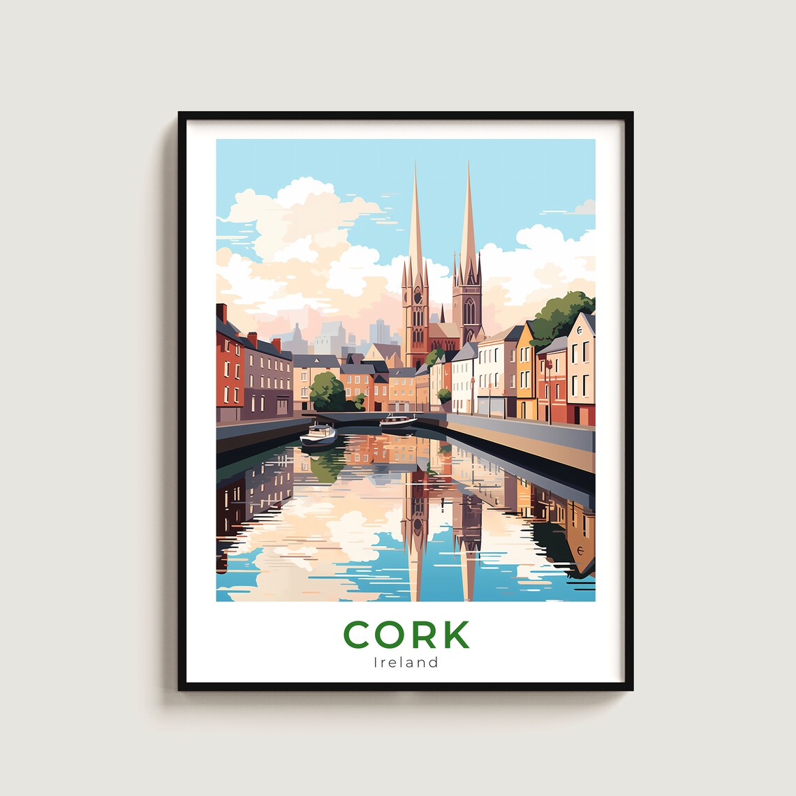 Cork Ireland Old River City Church Spires Skyline Travel Poster
