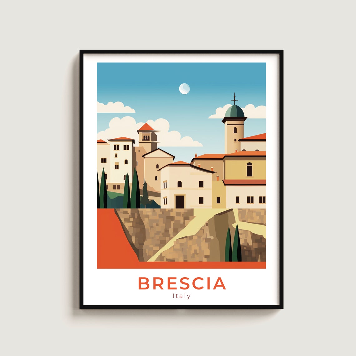 Brescia Italy Hilltop Old Town Moonlit Sky Travel Poster Art