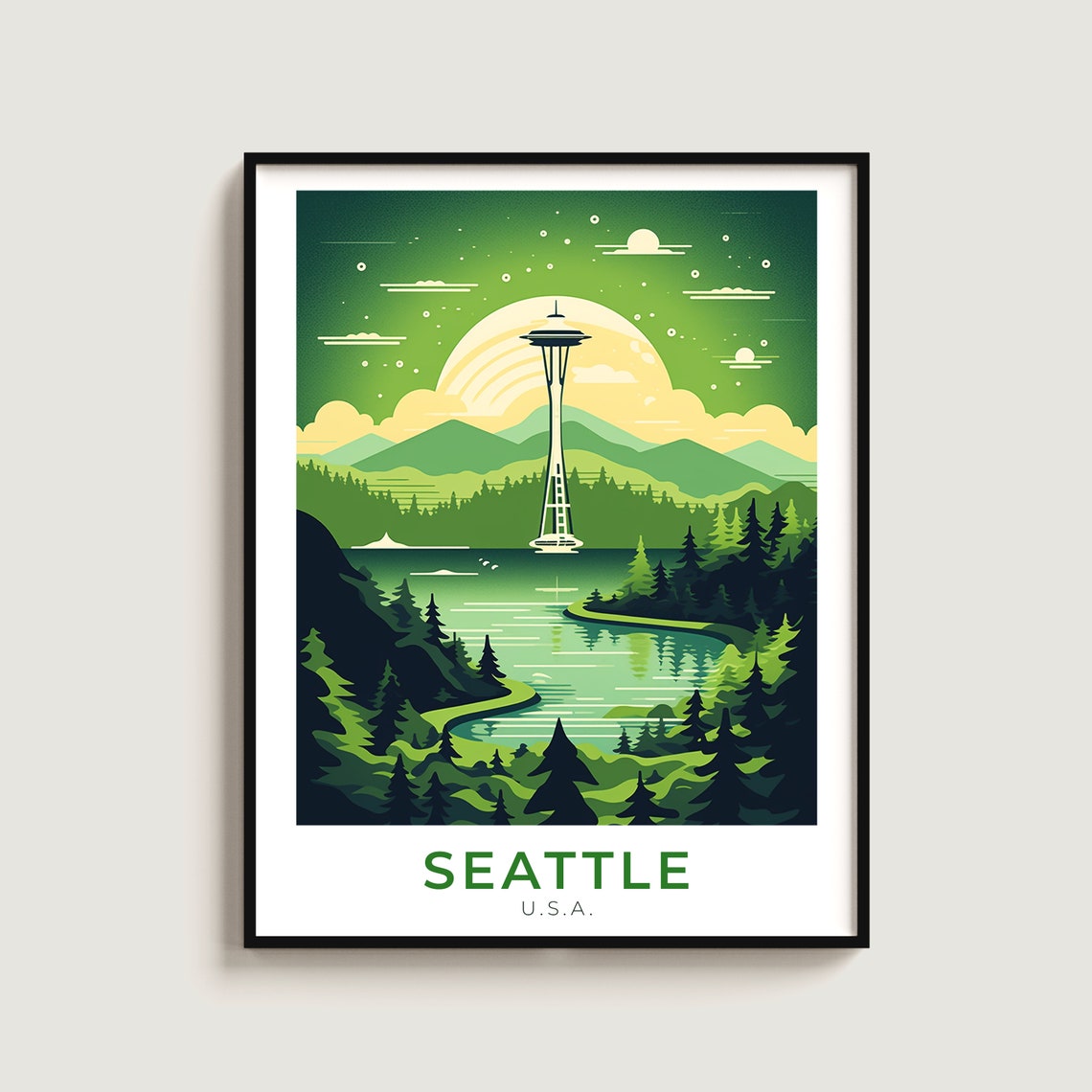 Seattle Space Needle Washington Mountains Lake Scene Travel Poster