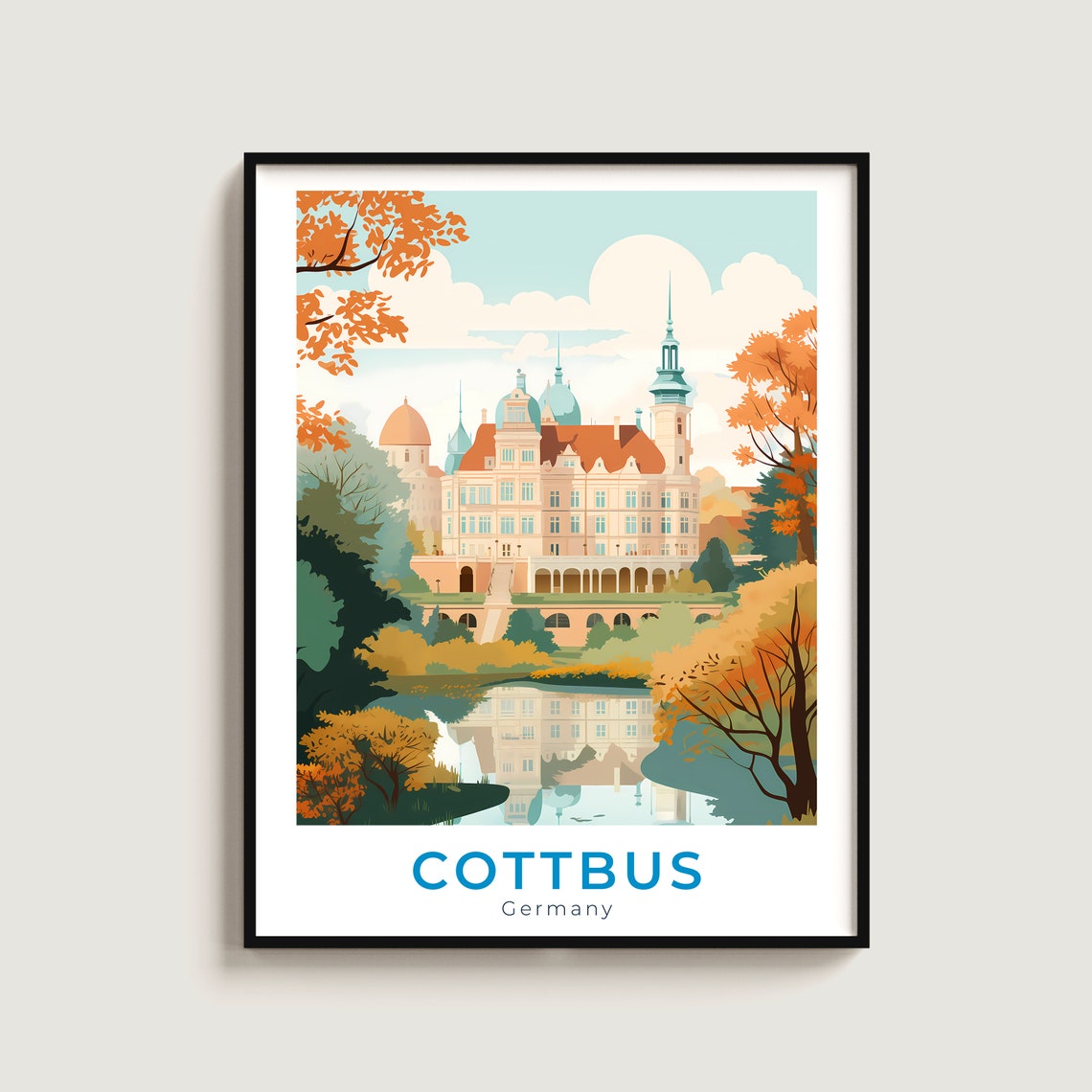 Cottbus Autumn Palace by the Lake With Reflection Illustrated Poster