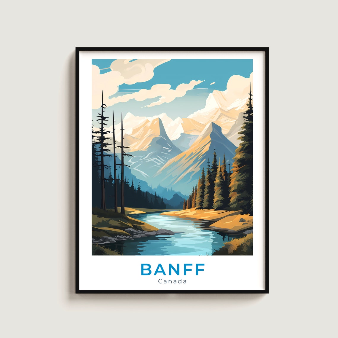Banff Canada Rocky Mountain River Sunrise Vintage Travel Poster