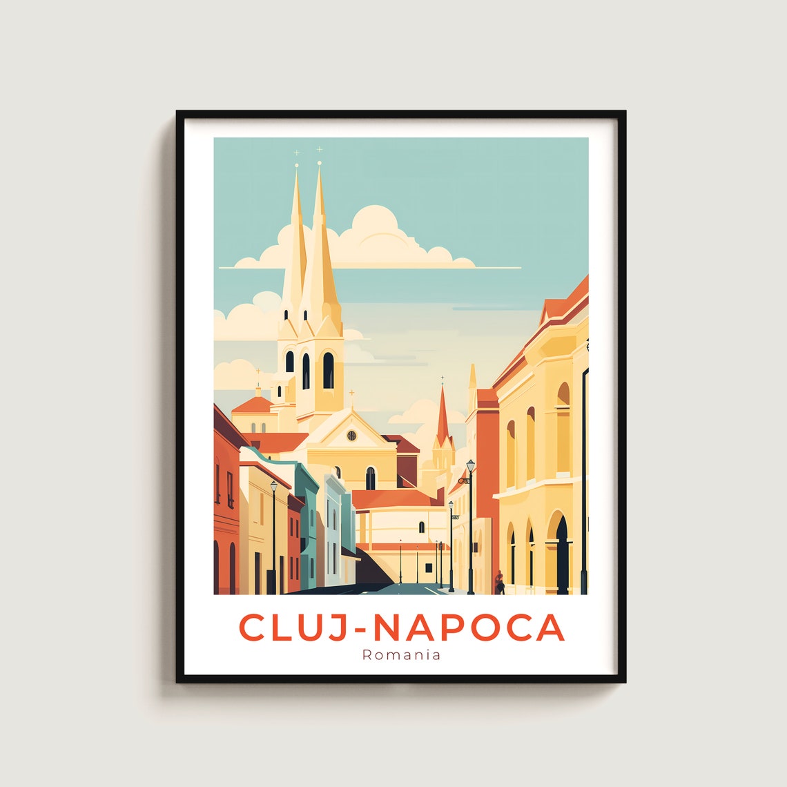Cluj-Napoca Romania Poster Church Spires Old Town Travel Art