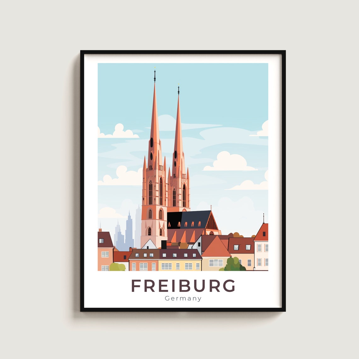 Freiburg Minster Twin Spires Travel Poster Germany City Art View