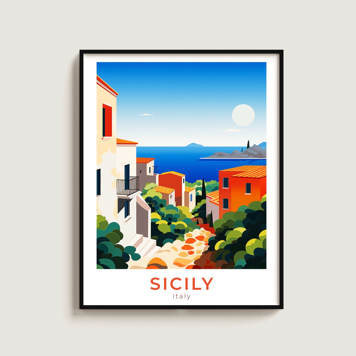 Sicily Italy Seaside Village Path Blue Mediterranean Travel Poster