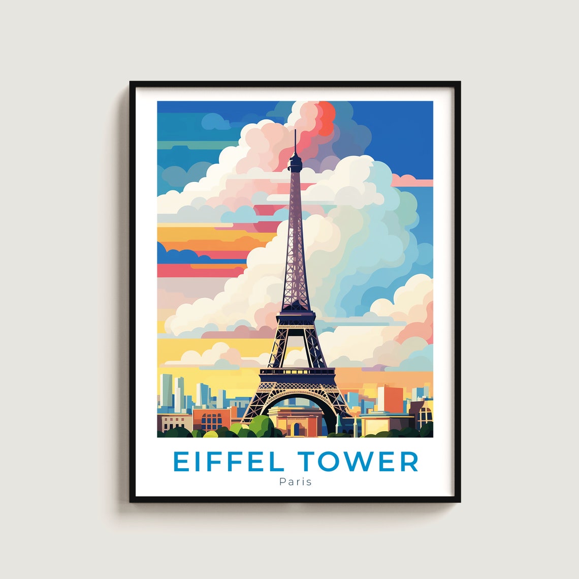 Eiffel Tower Paris Colorful Cloud Skyline French Travel Poster