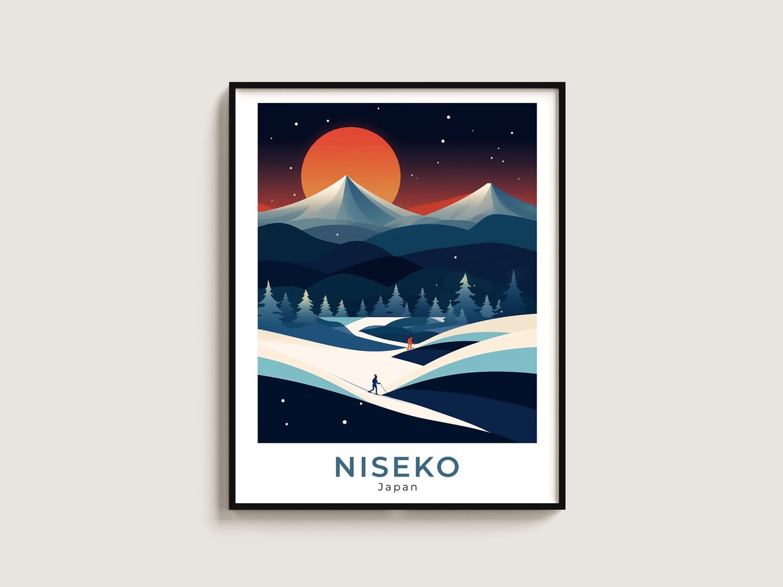 Niseko Japan Giant Orange Moon Night Skiers Snowy Slopes Art Poster