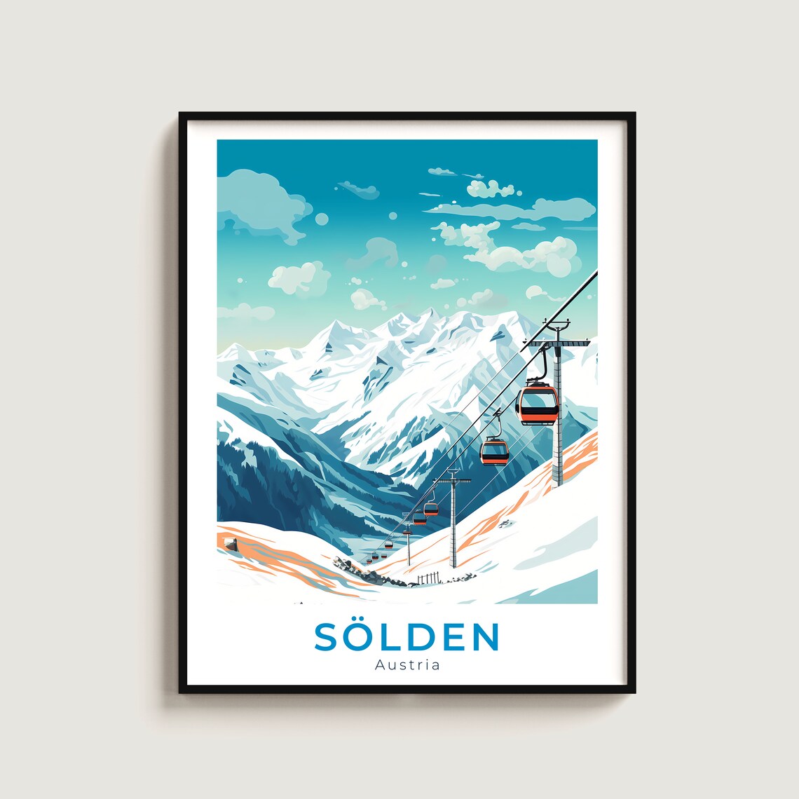 Sölden Austria Gondola Cable Car Snowy Peak Ski Resort Travel Poster