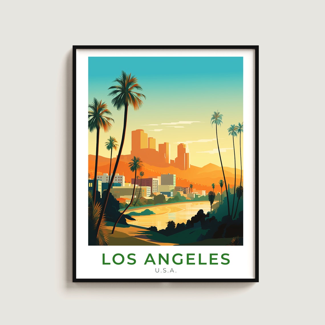 Los Angeles Palm Trees Sunset Downtown Skyline Vintage Travel Poster