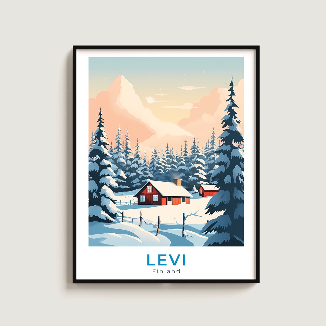 Levi Finland Red Cabins Snowy Forest Pink Sky Winter Travel Poster