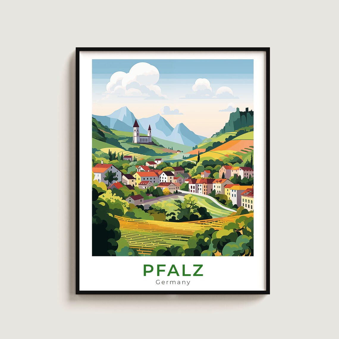 Pfalz Germany Vineyard Village Church Mountain Landscape Travel Poster