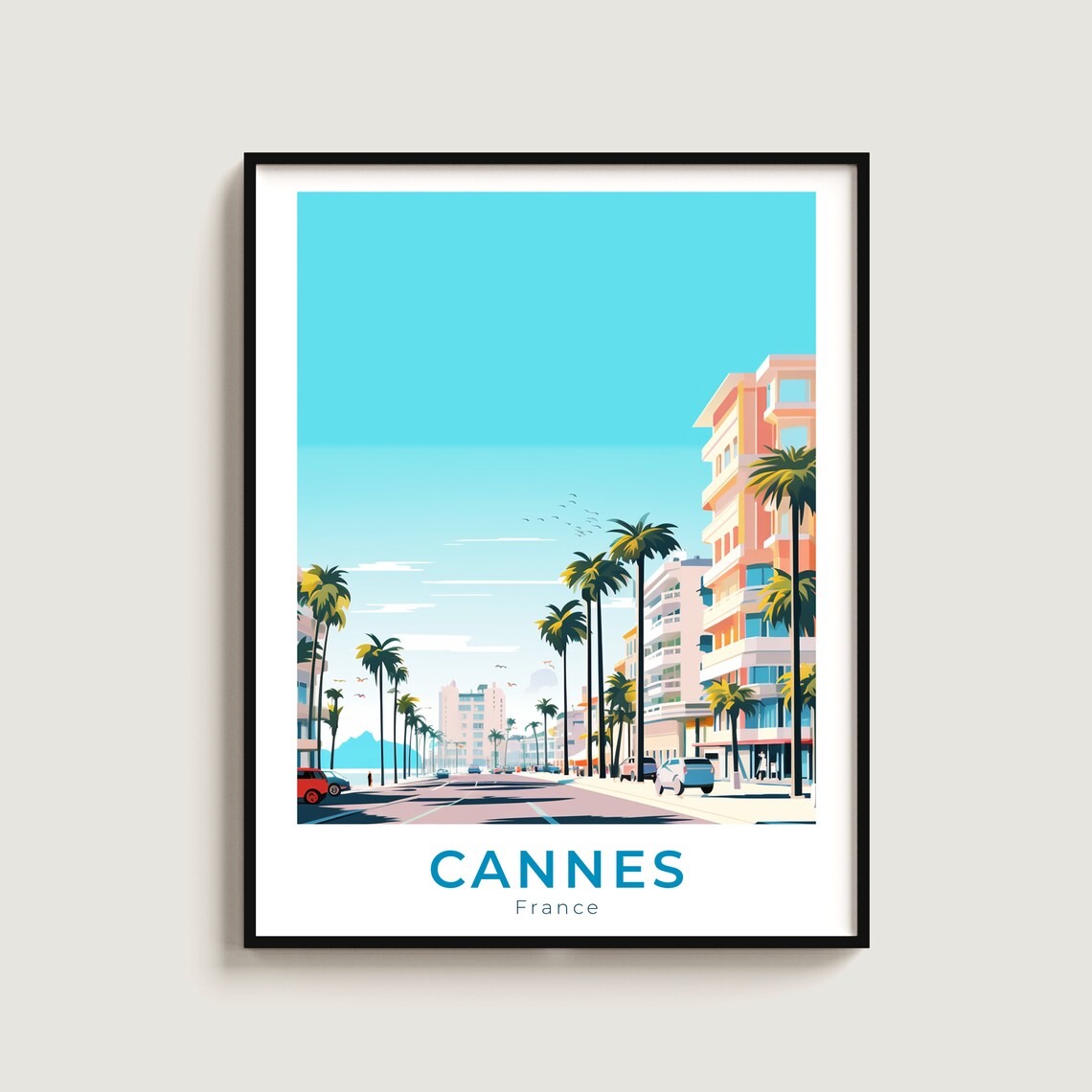 Cannes France Palm Lined Street Poster Riviera Travel Art Scene
