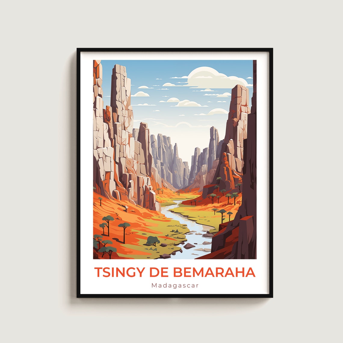 Tsingy de Bemaraha Madagascar Stone Forest River Travel Poster