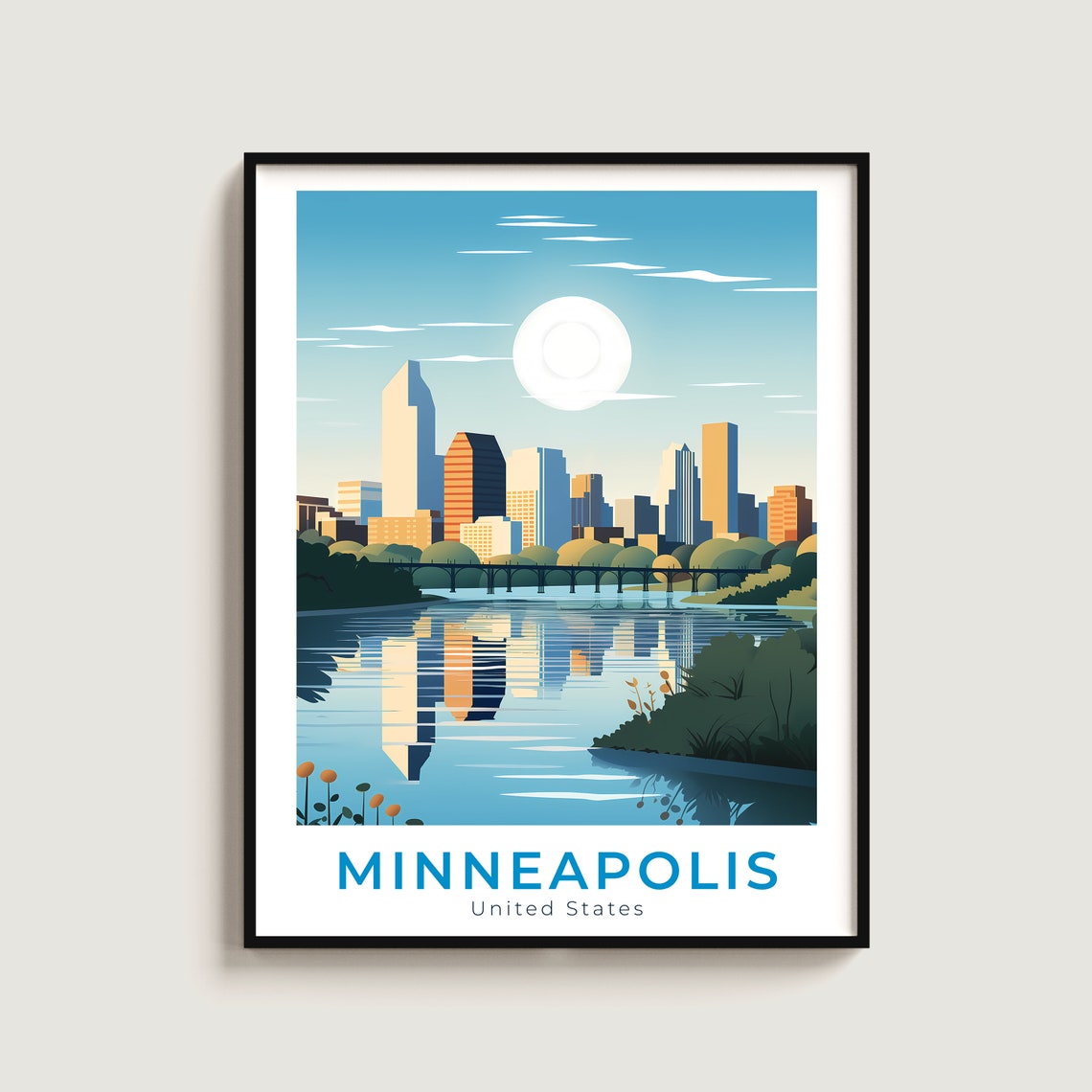 Minneapolis Minnesota Skyline River Bridge Sunset Travel Poster