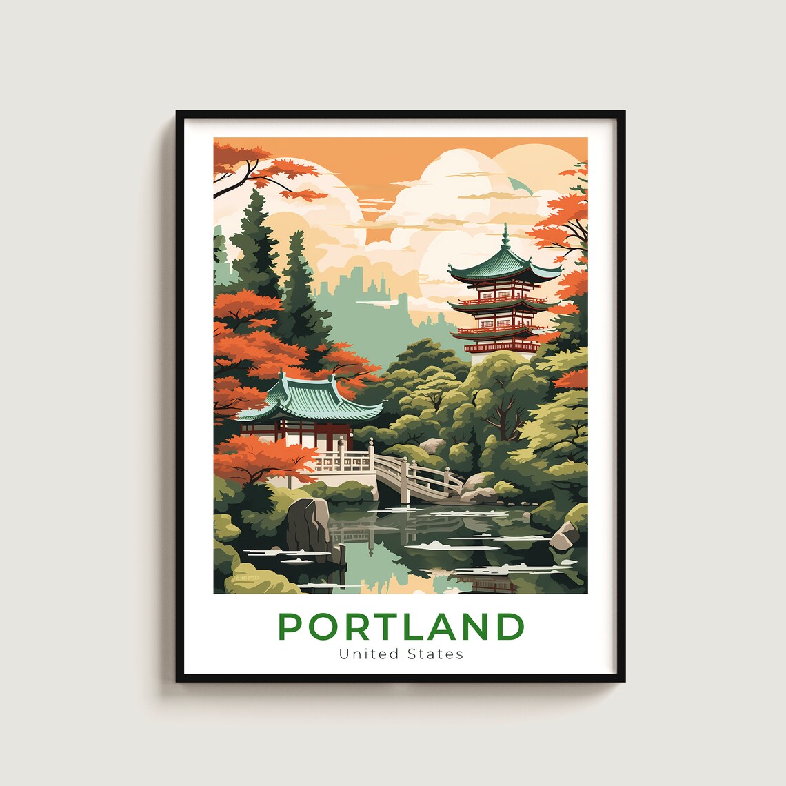 Portland Japanese Garden Pagoda Autumn Pond Retro Travel Poster