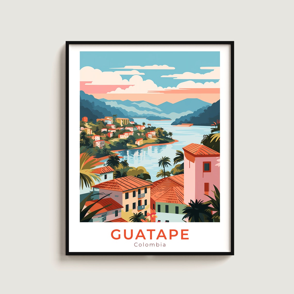 Guatape Colombia Lake Town Red Roofs Vintage Lakeside Travel Poster