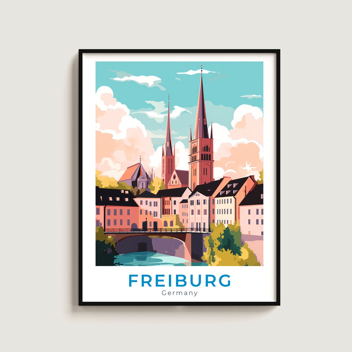 Freiburg Germany Vintage Travel Poster of Church Spires and Old Bridge