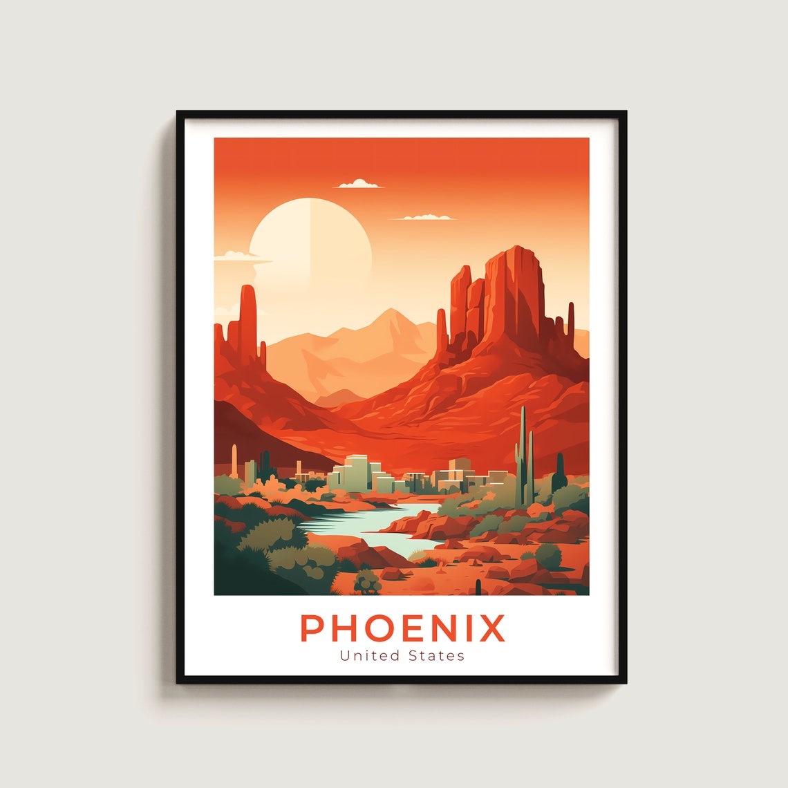 Phoenix Arizona Red Rock Desert Cactus Sunset Vintage Travel Poster