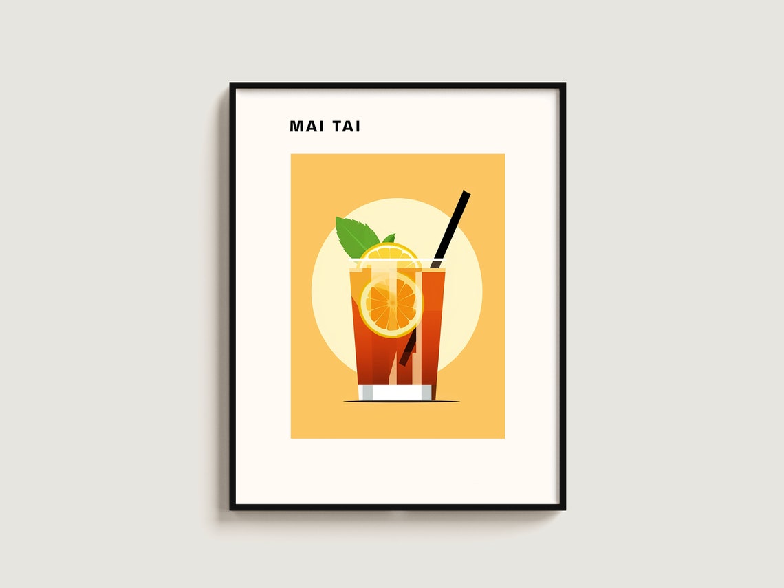 Mai Tai Retro Cocktail Minimalist Illustration Home Bar Decor Poster