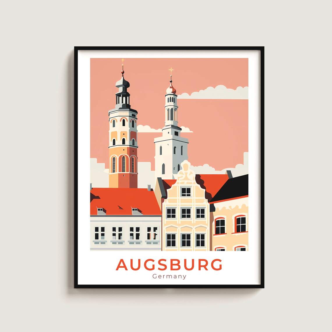 Augsburg Germany Twin Church Towers Colorful Roofs Travel Poster