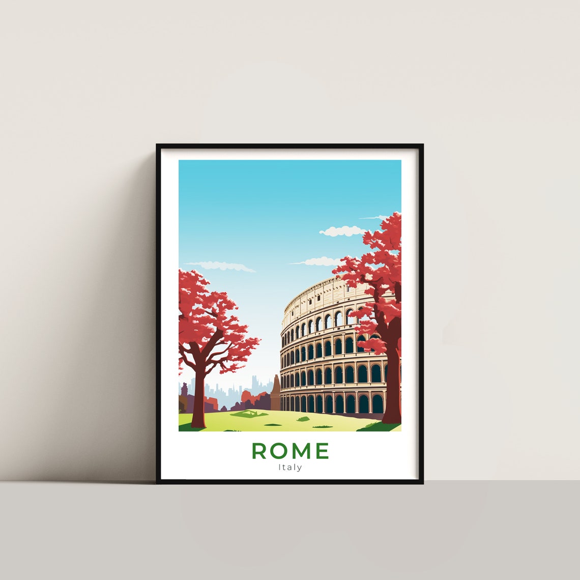 Rome Italy Colosseum Autumn Red Trees Vintage Travel Poster Art
